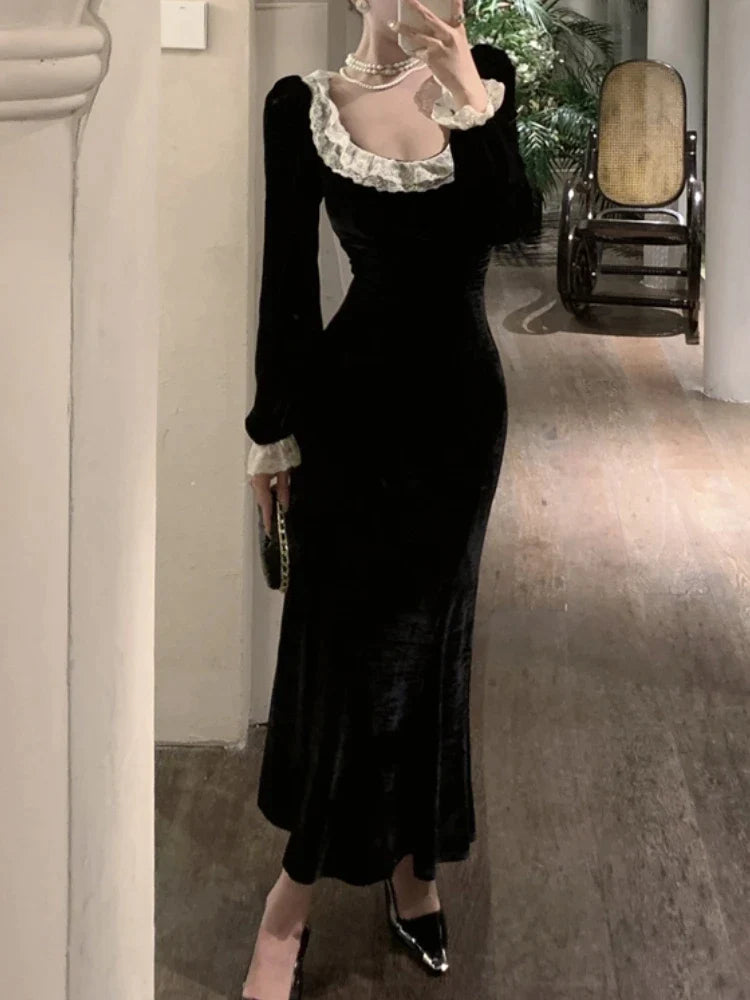 Canmol Autumn Velvet Black Bodycon Dress - Elegant Long Sleeve Evening Party Dress