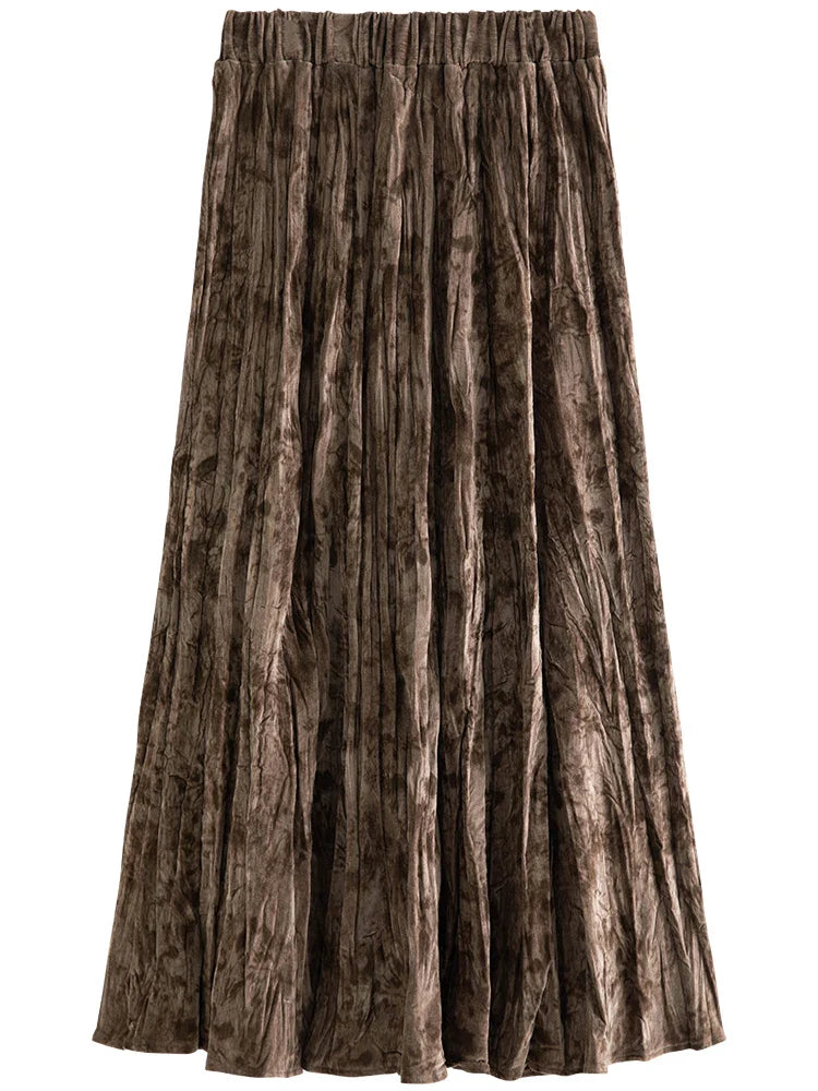 Canmol Velvet Printed Pleated High Waisted Half Skirt - Brown Casual Loose Fit