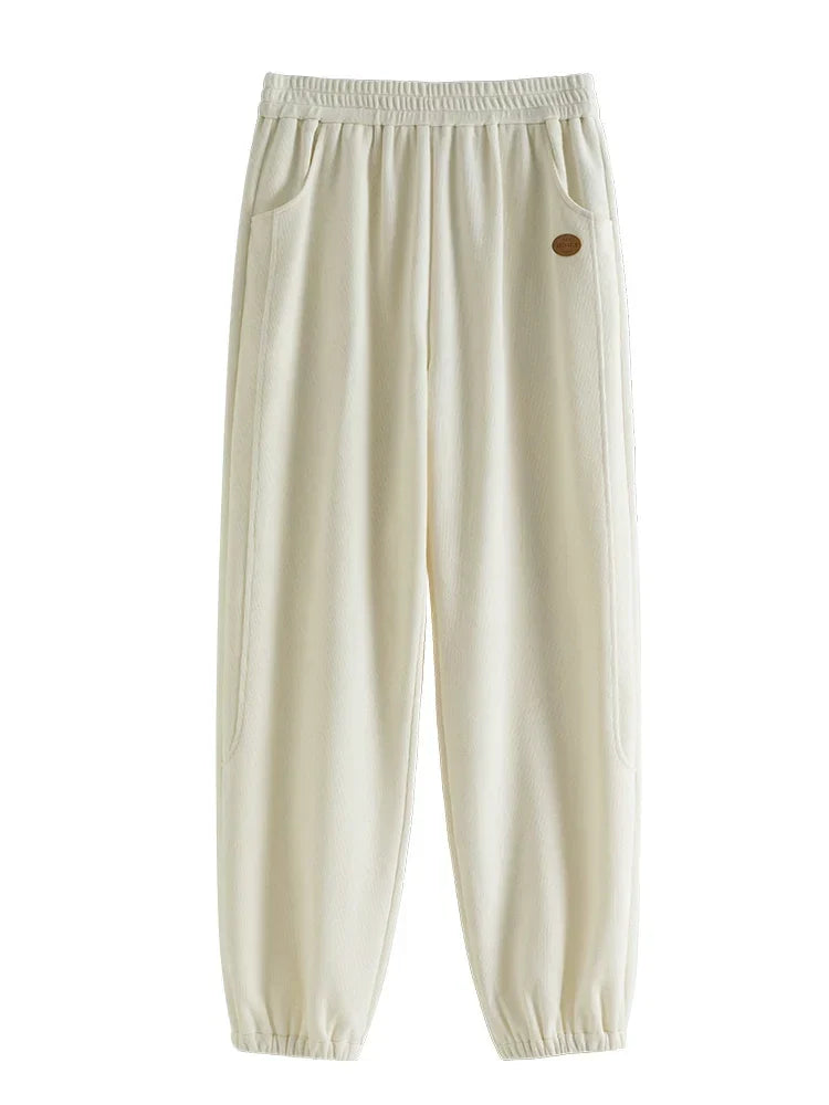 Canmol Wool Blend Beige Sweatpants with Tie-Up Design and Elastic Waist