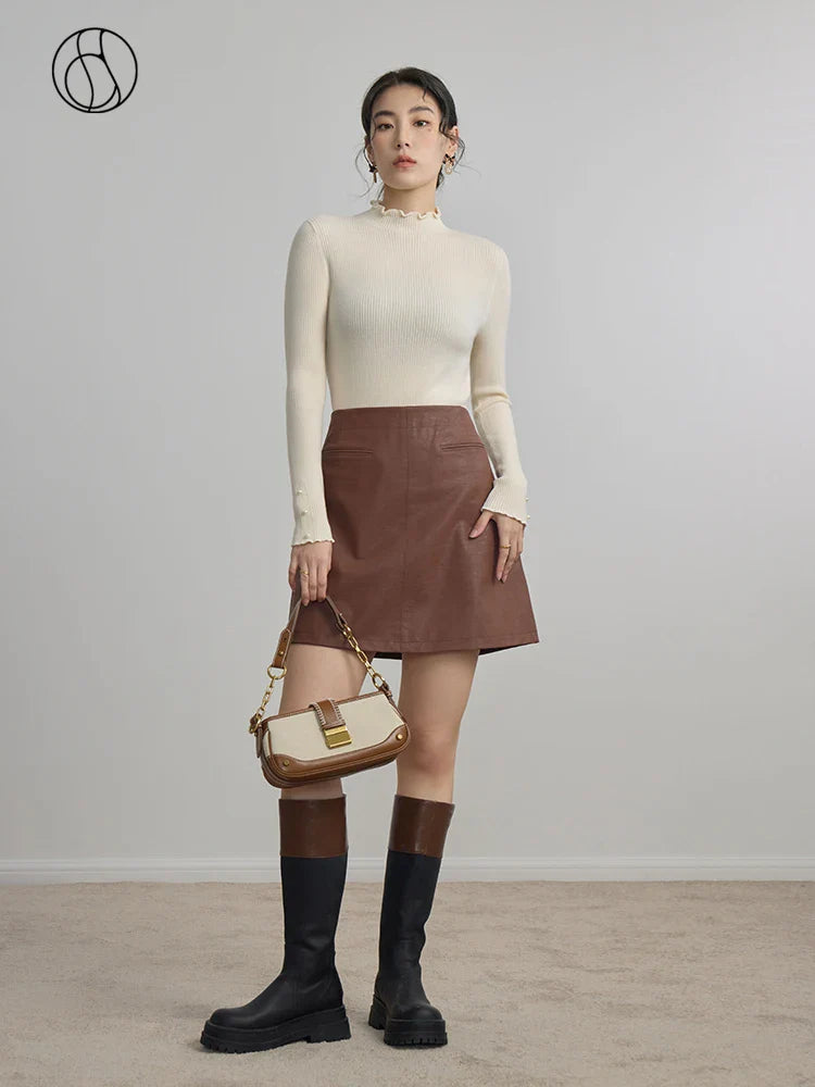 Canmol Brown A-LINE Pu Mini Skirt: High Waist, Above-Knee Length Zipper Female Skirt