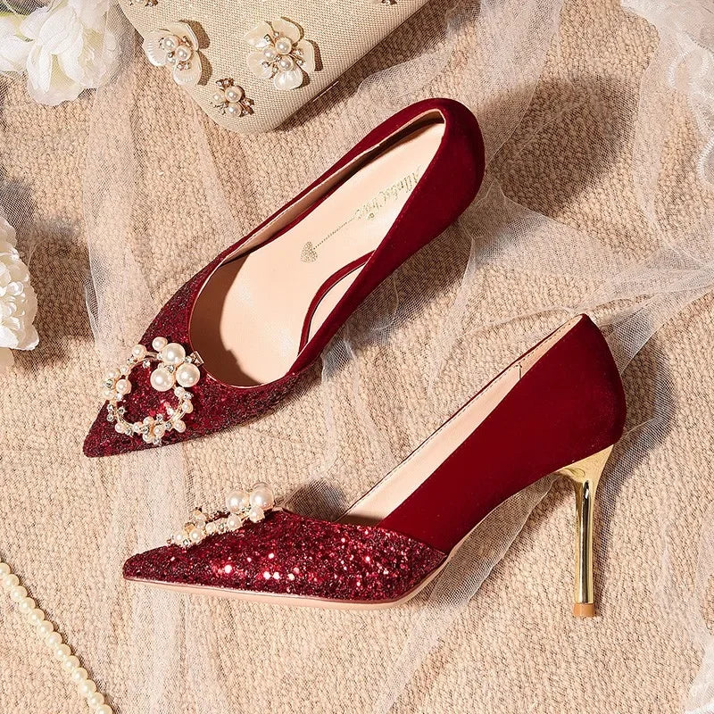 Canmol 2023 Bridal Wedding Shoes in Chinese Red for Show Dress and Heels