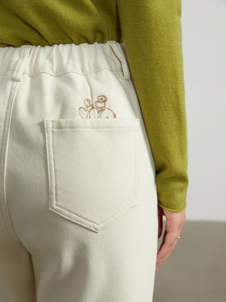 Canmol Women's High Waist Fleece Denim Jeans Cropped Trousers