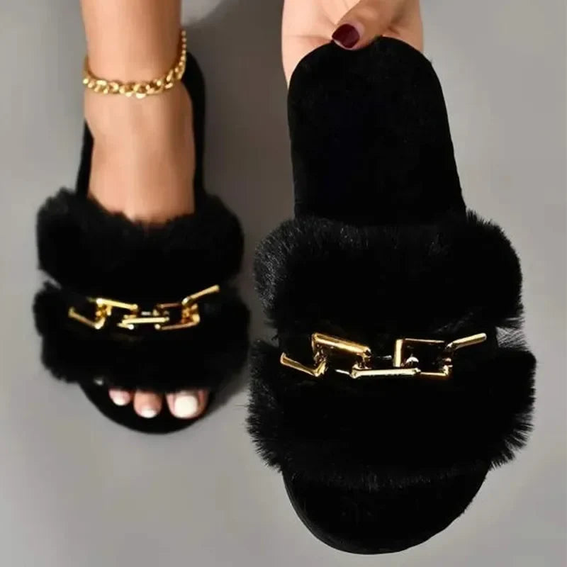 Canmol Chain Design Fur Slippers 2024 - Stylish Women's Winter Indoor Flat Shoes
