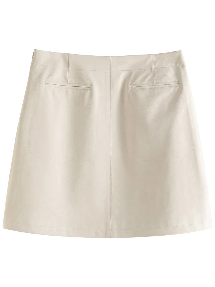 Canmol Brown A-LINE Pu Mini Skirt: High Waist, Above-Knee Length Zipper Female Skirt
