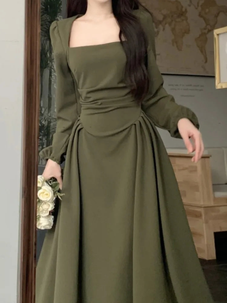 Canmol Vintage A-Line Midi Party Dress - Autumn Elegant Solid Long Dress