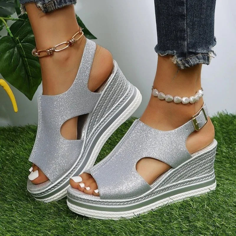 Canmol Glitter Golden Wedge Sandals - Women's Stylish High-heeled Summer Sandals