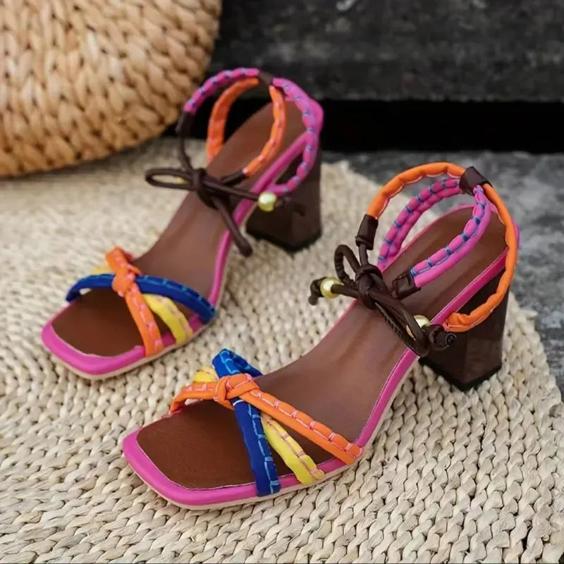 Canmol Fashion Luxury Woven Sandals Color Blocking High Heel Designer Women's Shoes