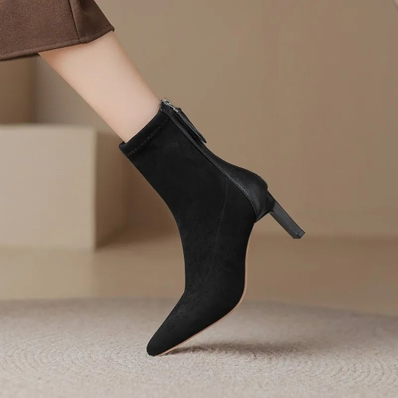 Canmol 2023 Korean Style Pointed Toe Mid Heel Sock Boots for Women