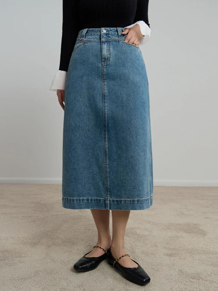 Canmol Dark Denim A-Line Skirt with Back Slit - Winter 2023 Collection