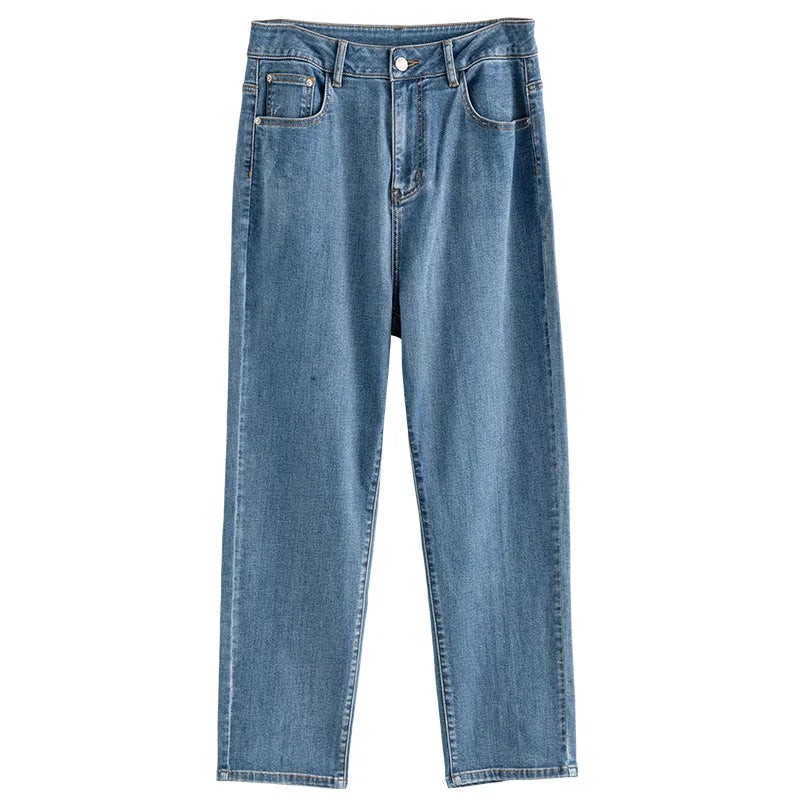 Canmol High Waist Straight Crop Jeans in Thin Cotton Denim Blue, Summer Casual White Trousers
