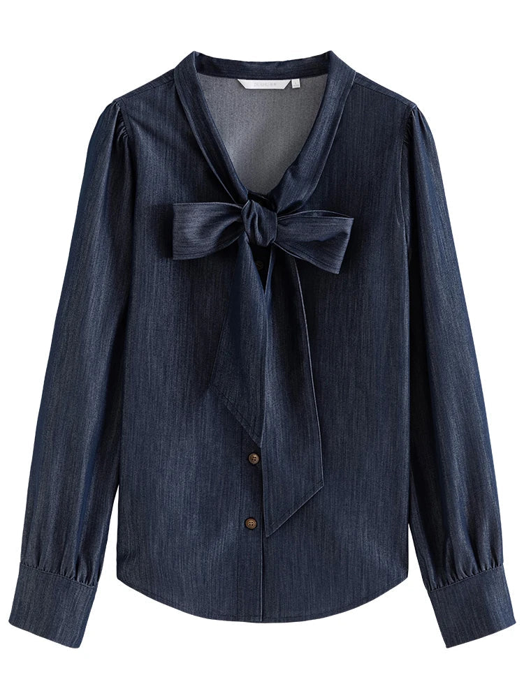 Canmol 2023 Autumn Big Bow Tie Denim Shirt - Stylish Niche Design for Women