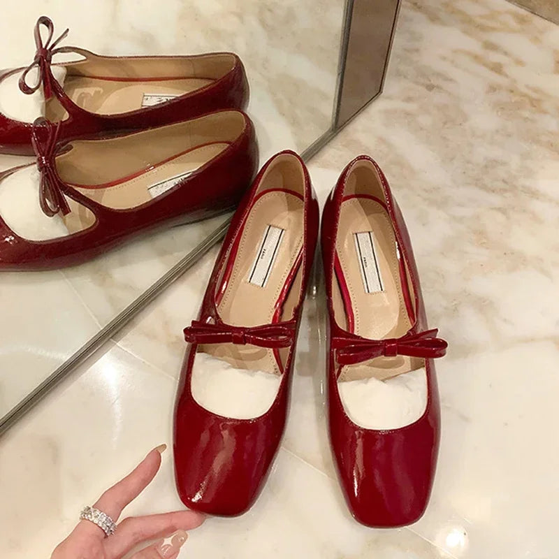 Canmol Luxury Bowtie Mary Janes Flats Ballets in Red for Wedding Party.