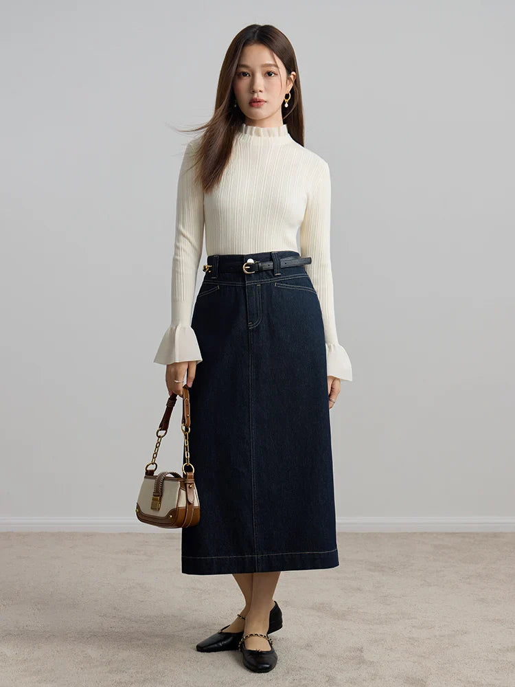 Canmol Dark Denim A-Line Skirt with Back Slit - Winter 2023 Collection