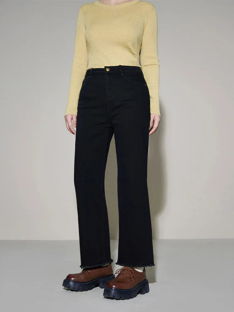 Canmol High Waist Elastic Fleece Straight Jeans - Black Denim - Winter Warm Cropped Jean