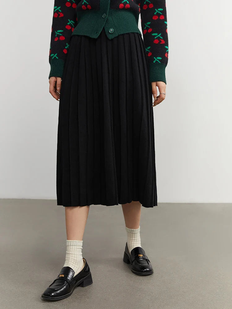 Canmol Knitted Pleated A-Line Skirt: Elegant Black Mid-Calf Winter Office Lady Bottoms