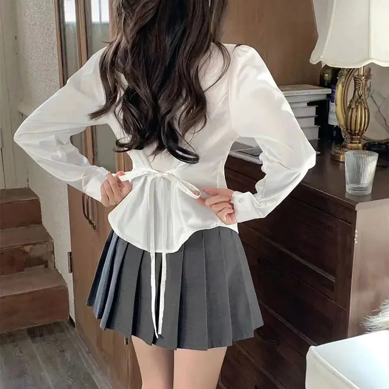 Canmol White Lace-Up Back Blouse: Elegant Slim Fit Preppy Style Top