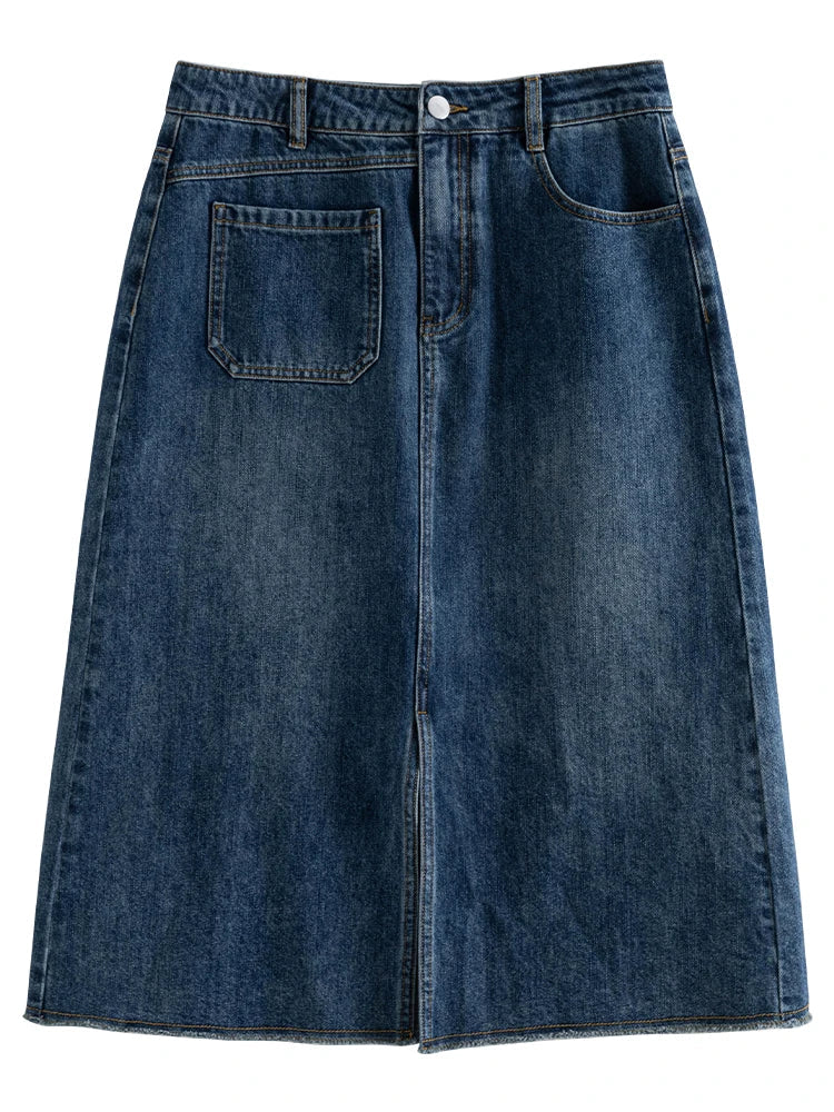 Canmol Retro Raw Edge Denim Slit Skirt - High Waist Knee-Length Blue Denim Skirt