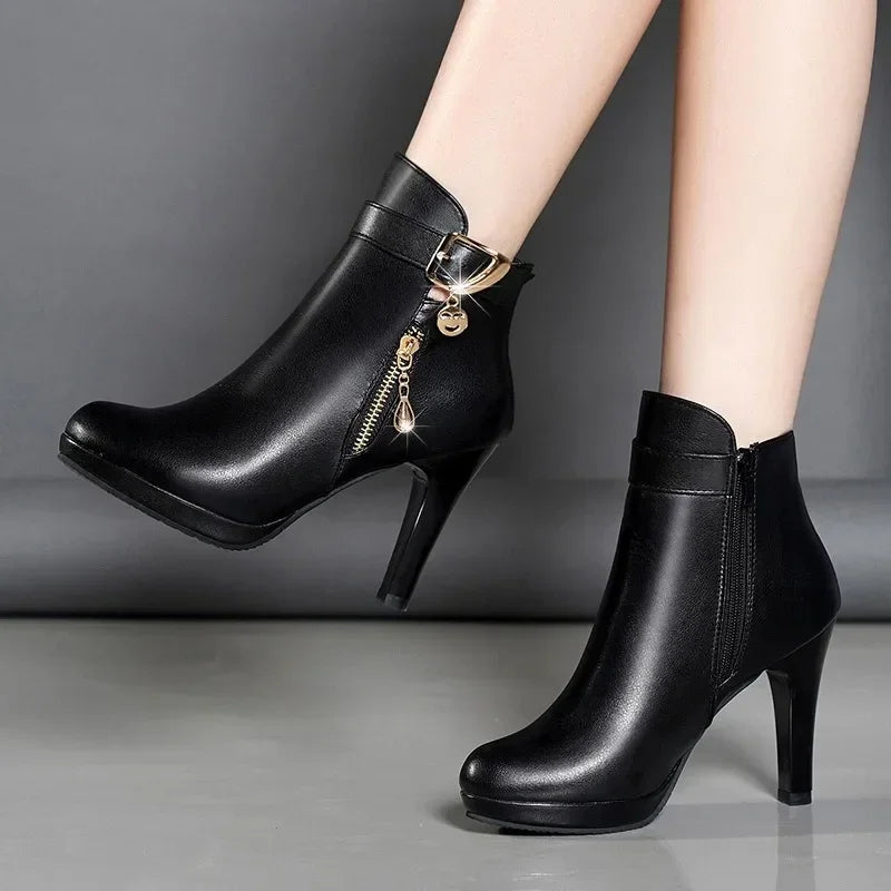 Canmol Black Round Head Ankle Boots with Thin Heel Zipper for Women