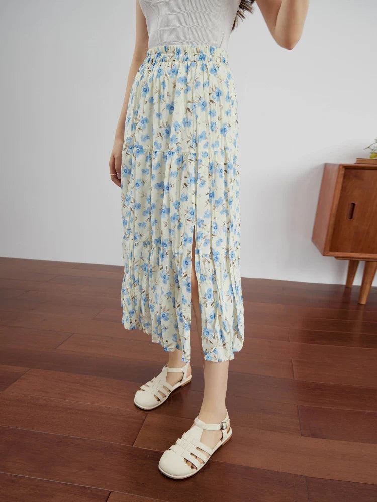 Canmol Romantic Floral Slit Skirt: Summer Chic A-line Design with High Elastic Waist