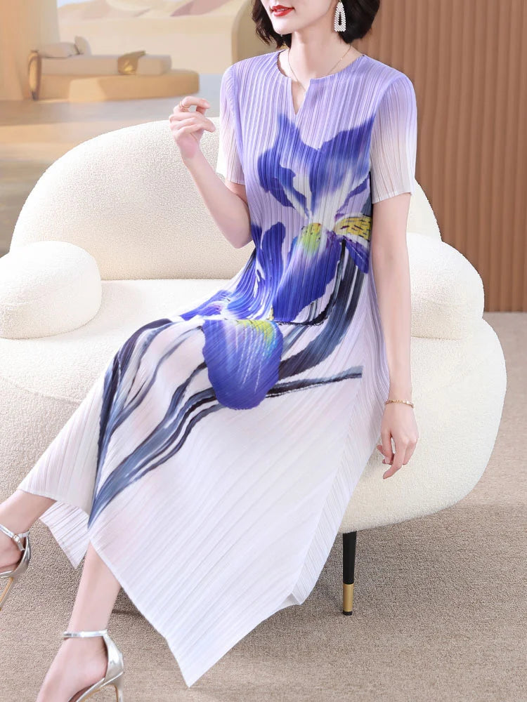 Canmol Printed Pleated Dress: A-Line Round Neck Short Sleeve Split Summer Dress