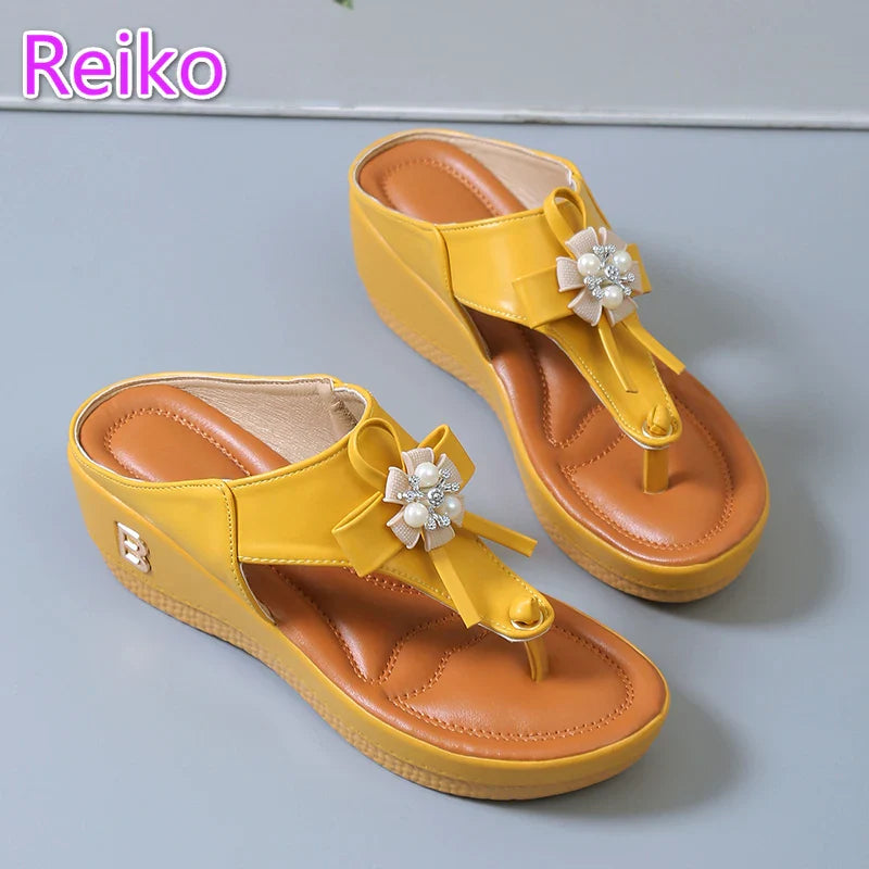 Canmol Beaded Pearl Buckle Wedge Slippers for Women - Summer Fashion Beach Shoes