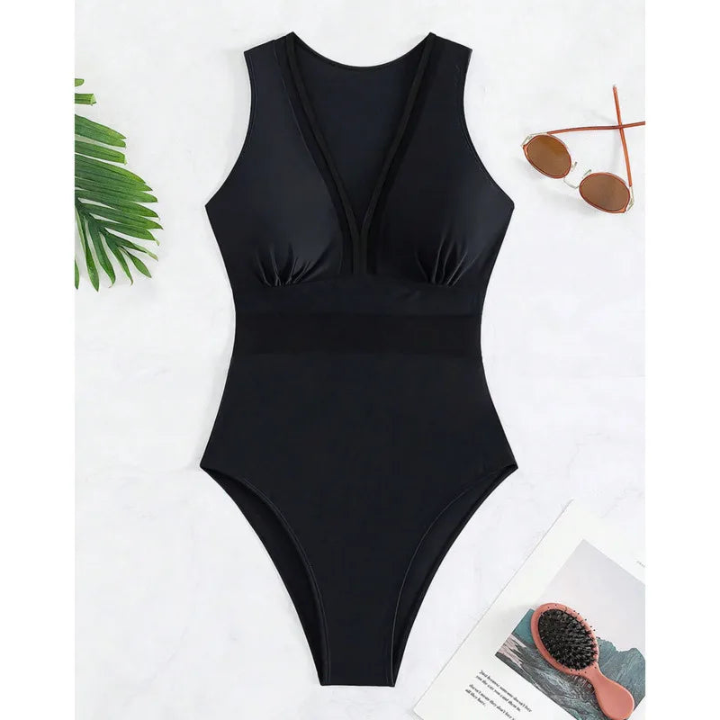 Canmol Black Net One Piece Swimwear with Push Up Support