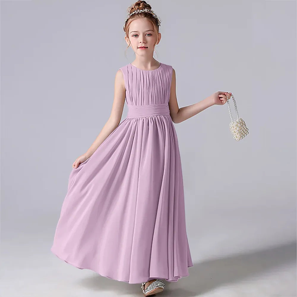 Canmol Pleated Chiffon Flower Girl Dress with Sash for Weddings and Parties