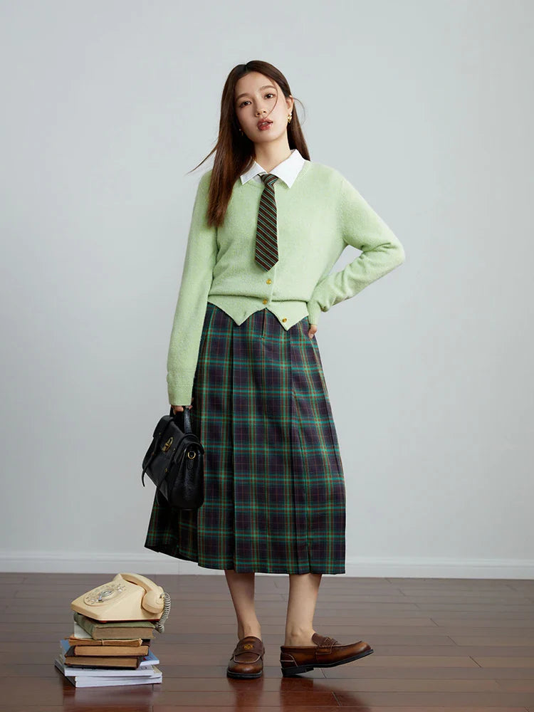 Canmol Plaid A-line Half Skirt - Retro Style, Slim Fit, High Waist - Black Green Women Skirts