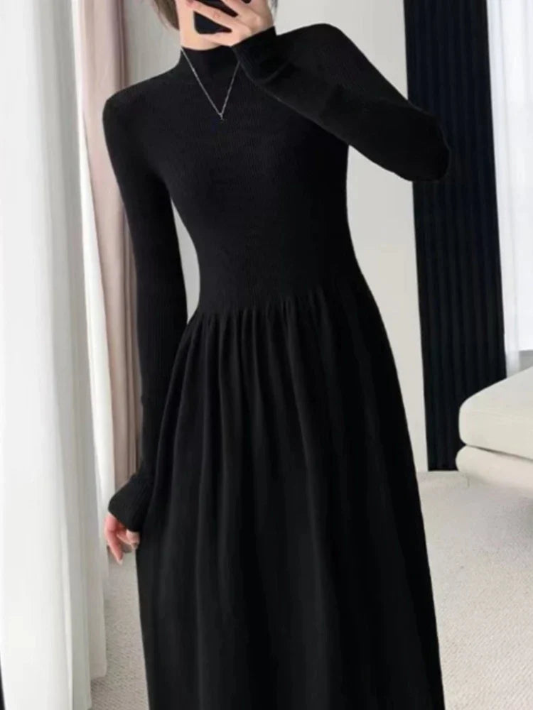 Canmol Elegant Knit Sweater Dress A-Line Ribbed Black Vestidos Autumn Clothes