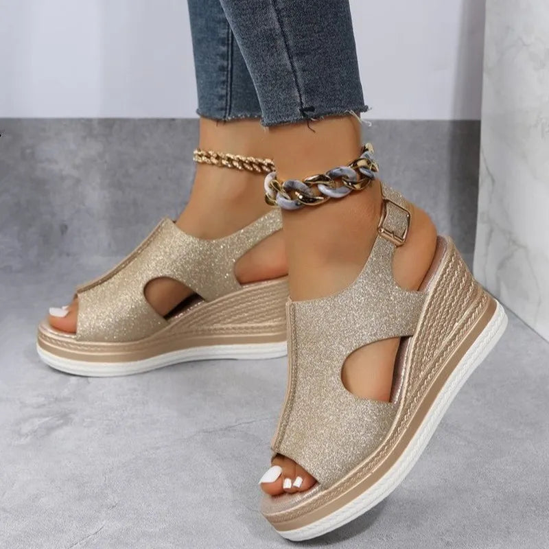 Canmol Glitter Golden Wedge Sandals - Women's Stylish High-heeled Summer Sandals