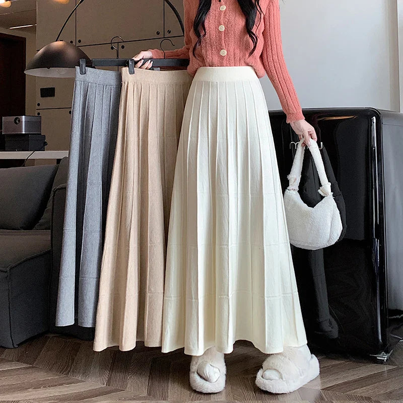 Canmol 2023 Knitted Long Skirt: Autumn Winter A-Line Maxi Skirt for Women