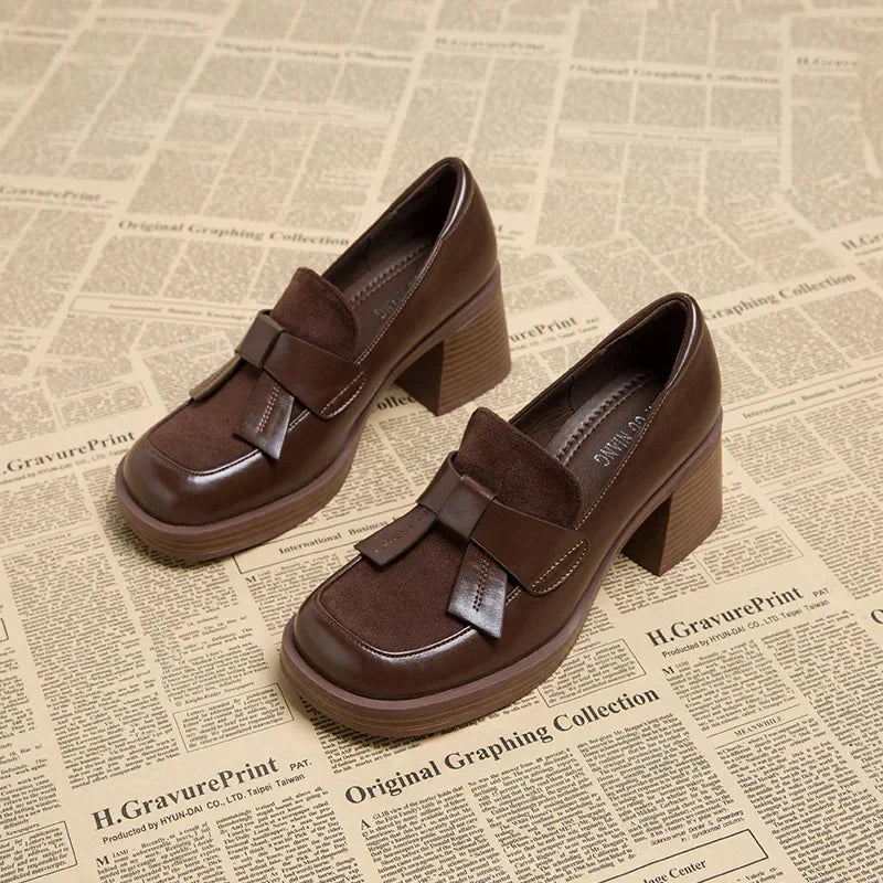Canmol Chunky High Heel Bow Loafers Brown Leather Shoes