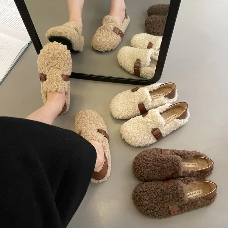 Canmol Plush Winter Loafers: Cozy Sheep Fur Flat Shoes for Women