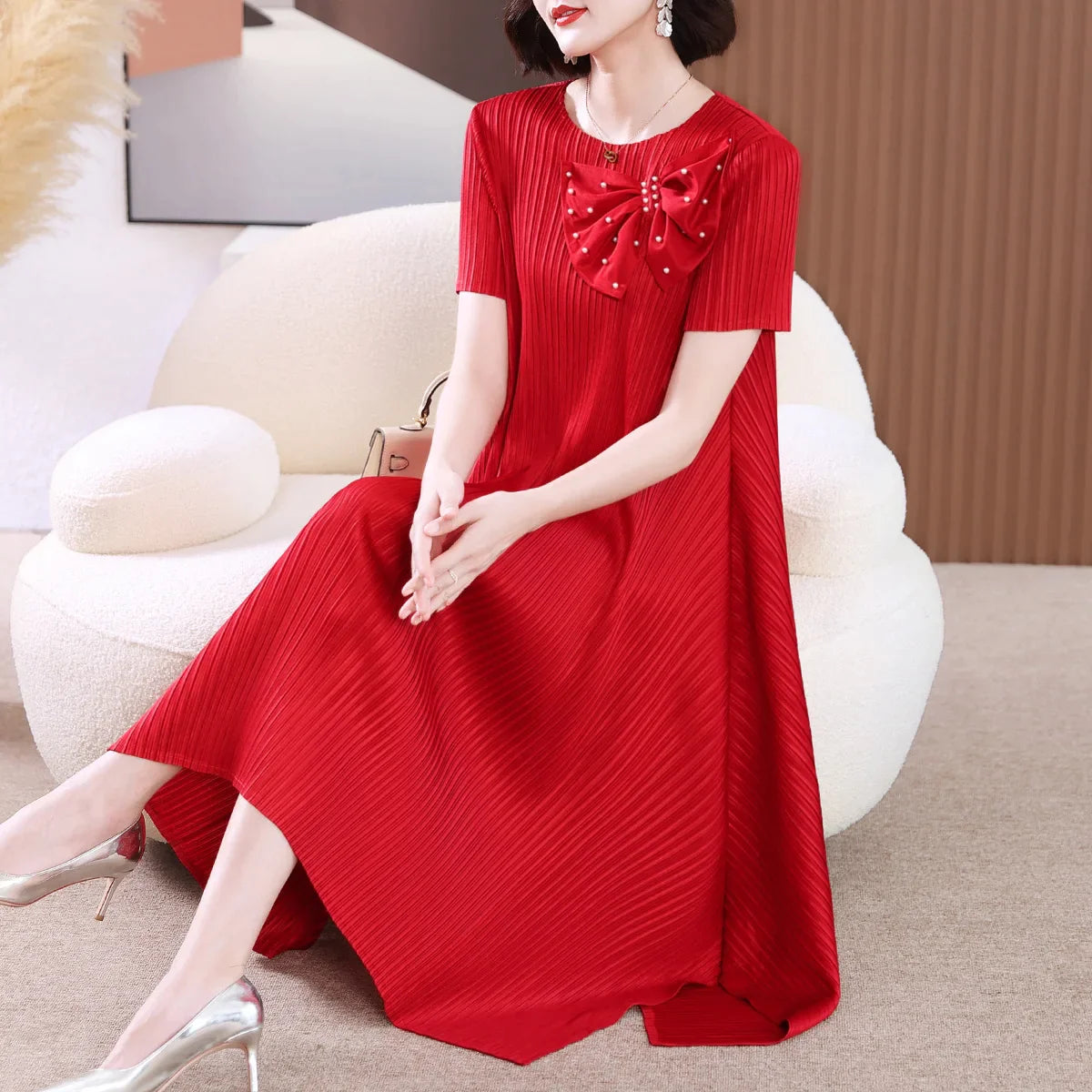 Canmol Elegant Red Pleated Dress Short Sleeve Summer Formal Wedding Plus Size Women's Fashion
