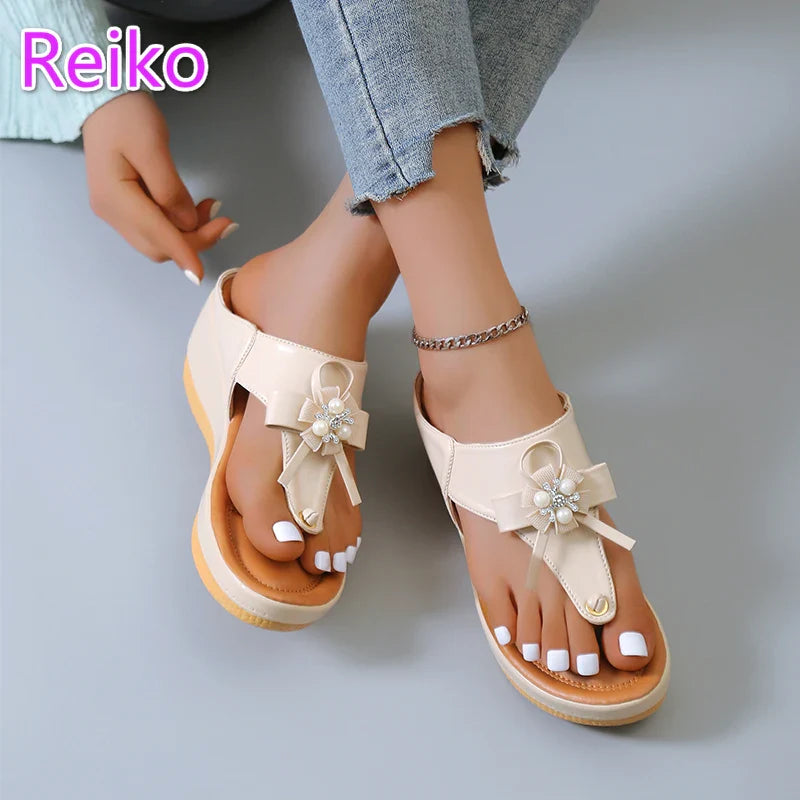 Canmol Beaded Pearl Buckle Wedge Slippers for Women - Summer Fashion Beach Shoes