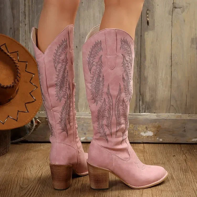 Canmol Pink Embroidered Western Cowboy Knee Boots with High Heel