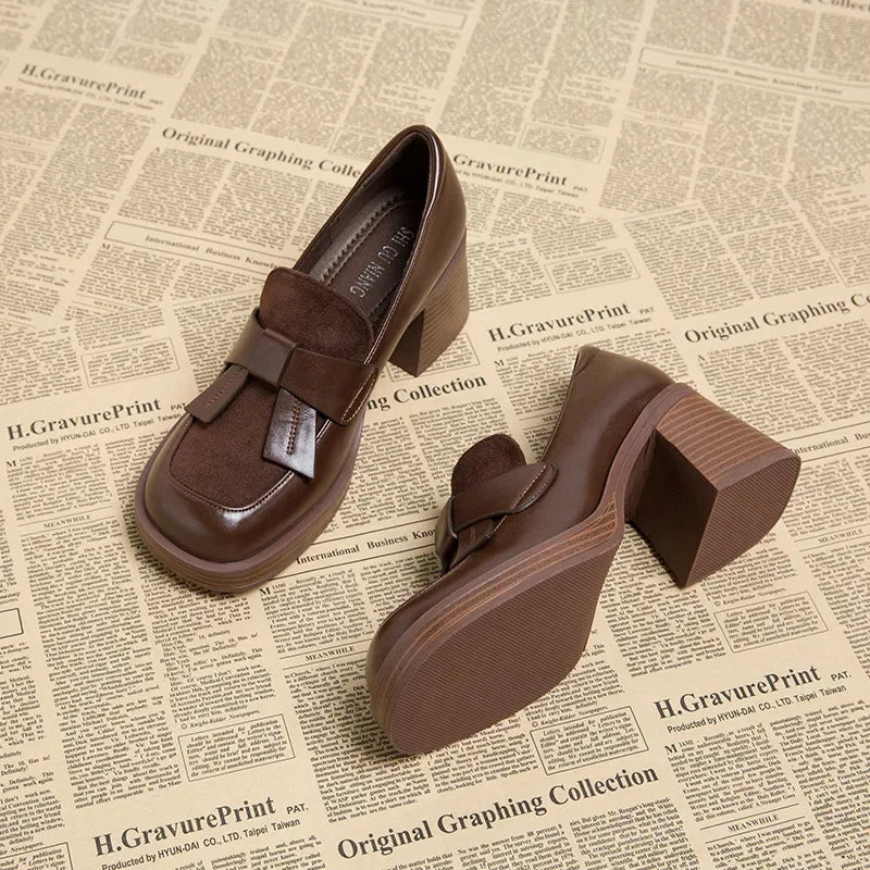 Canmol Chunky High Heel Bow Loafers Brown Leather Shoes