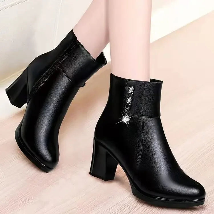 Canmol Winter High Heel Leather Ankle Boots for Women Warm Plush Snow Botines