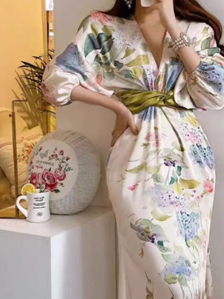 Canmol Vintage Floral Midi Dress: Elegant Bodycon Party Fashion for Women