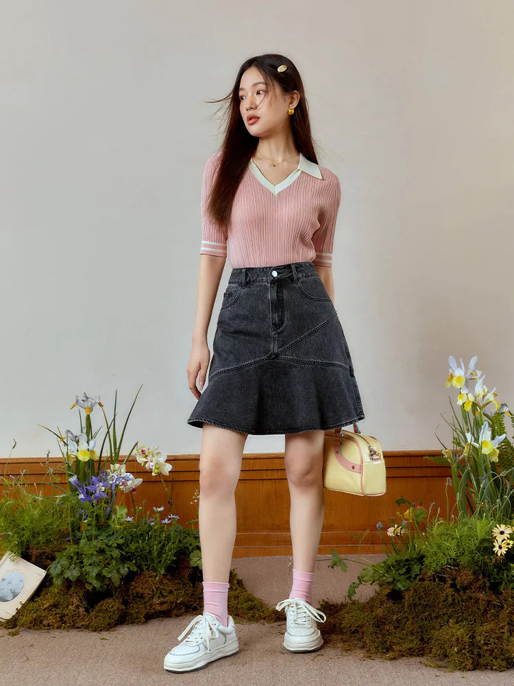 Canmol Fishtail Hem High Waist Denim Skirt for Women Smokey-gray High Street Style