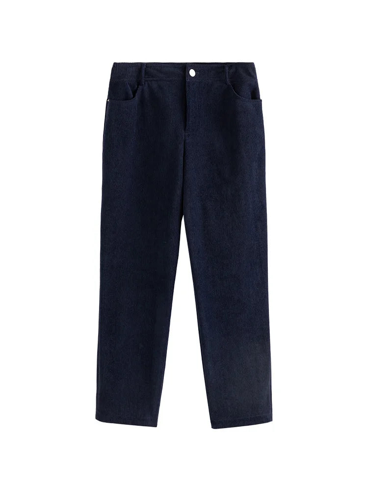 Canmol High Waist Navy Blue Corduroy Cropped Pants Winter Collection.