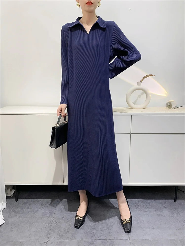 Canmol Pleated Toothpick Dress: 2024 Casual Long Skirt with POLO Collar