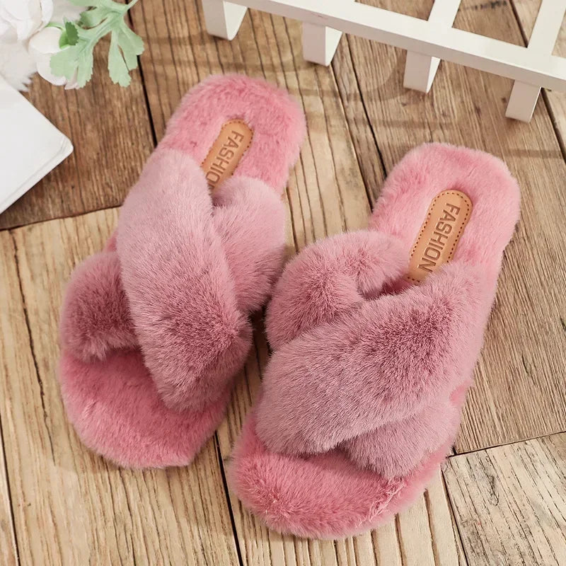 Canmol Fluffy Faux Fur Slides Soft Cozy Slippers Flat Cotton Flip Flops