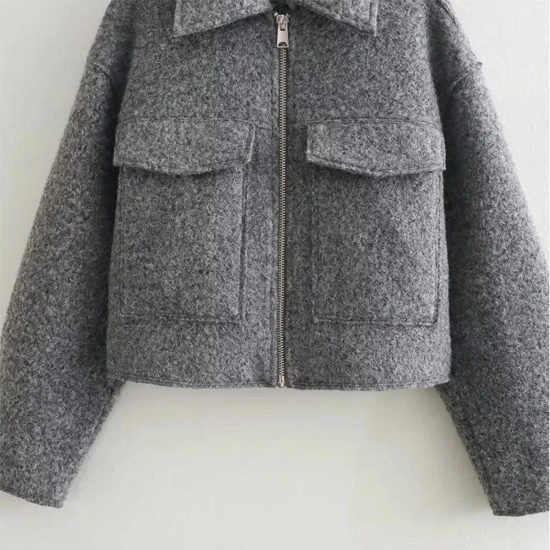 Canmol Chic Autumn-Winter Cropped Jacket: Tweed Zip Crop