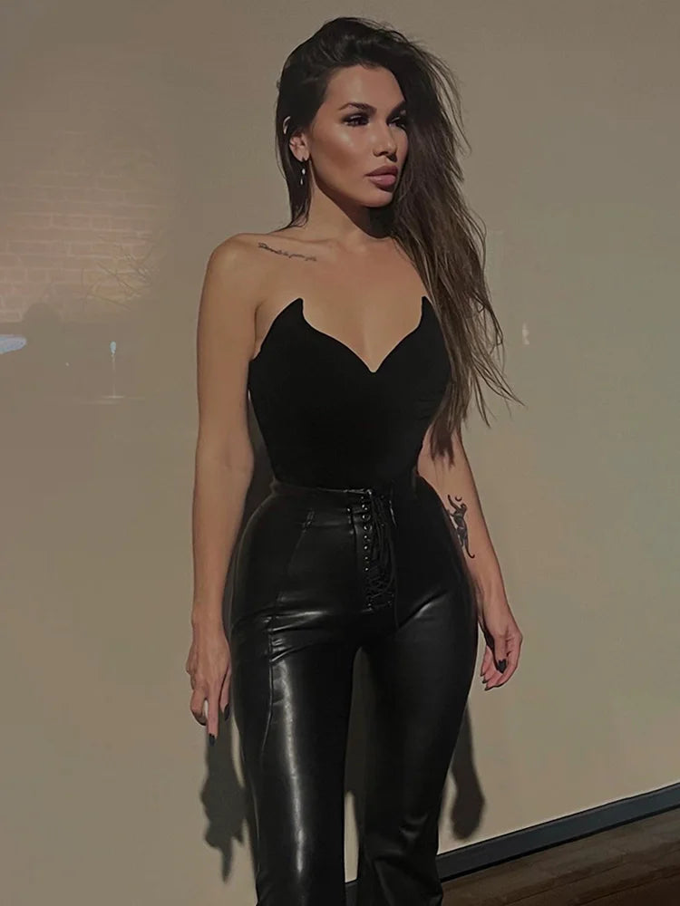 Canmol Black Velvet Corset Tube Top - Irregular Sleeveless Strapless Sexy Vests