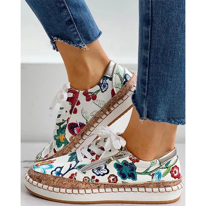 Canmol Floral Print Women's Vulcanized Sneakers - Stylish Lace-up Flat Shoes for Casual Wear