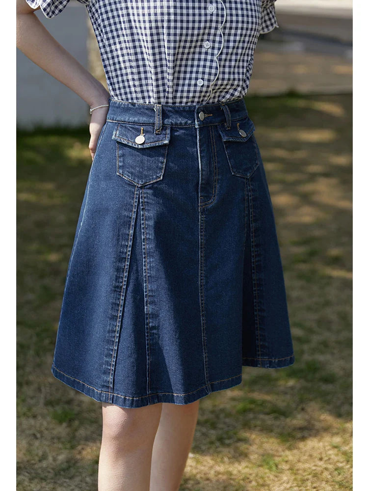 Canmol High Waist Denim Blue Mini Skirt: Office Lady A-LINE Umbrella Solid Dress