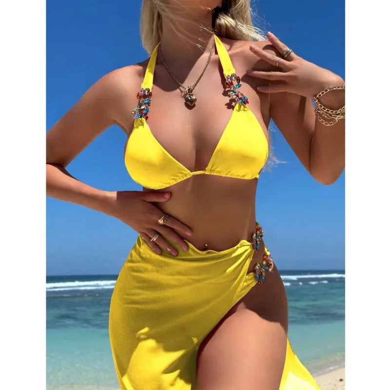 Canmol Rhinestone Push Up Bikini - Yellow Sexy Swimwear for Women