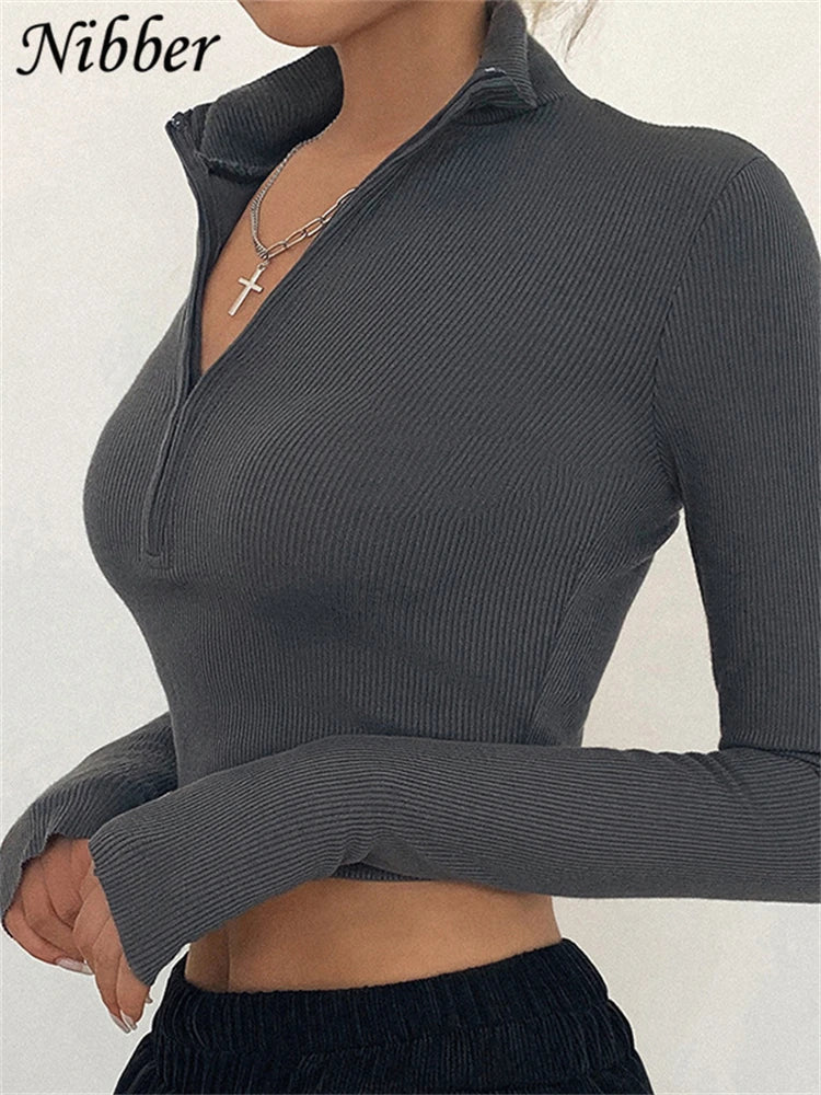 Canmol Solid Color Turtleneck Crop Top Long Sleeves - Simple Sexy Style