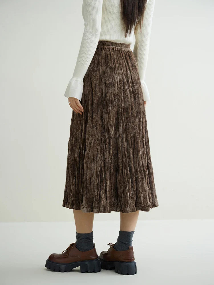 Canmol Velvet Printed Pleated High Waisted Half Skirt - Brown Casual Loose Fit